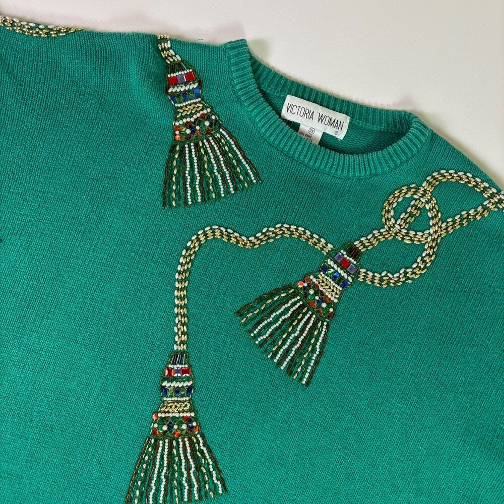 Vintage Victoria Woman Tassel Beaded Sweater Plus Size 3X Coastal Grandma Glam